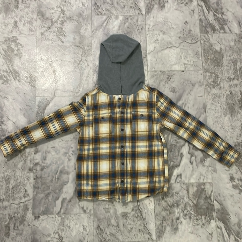 OshKosh B'gosh Yellow and Blue Plaid Button Down Shirt with Gray Hood
